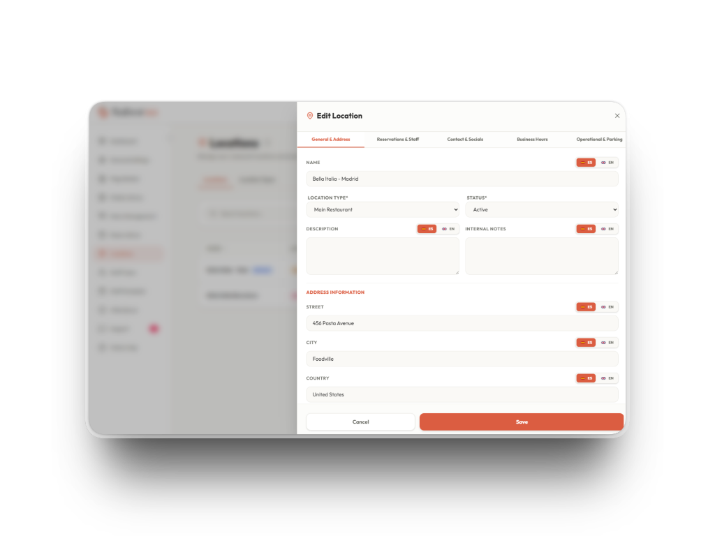 Multiple restaurant locations and branch configurations