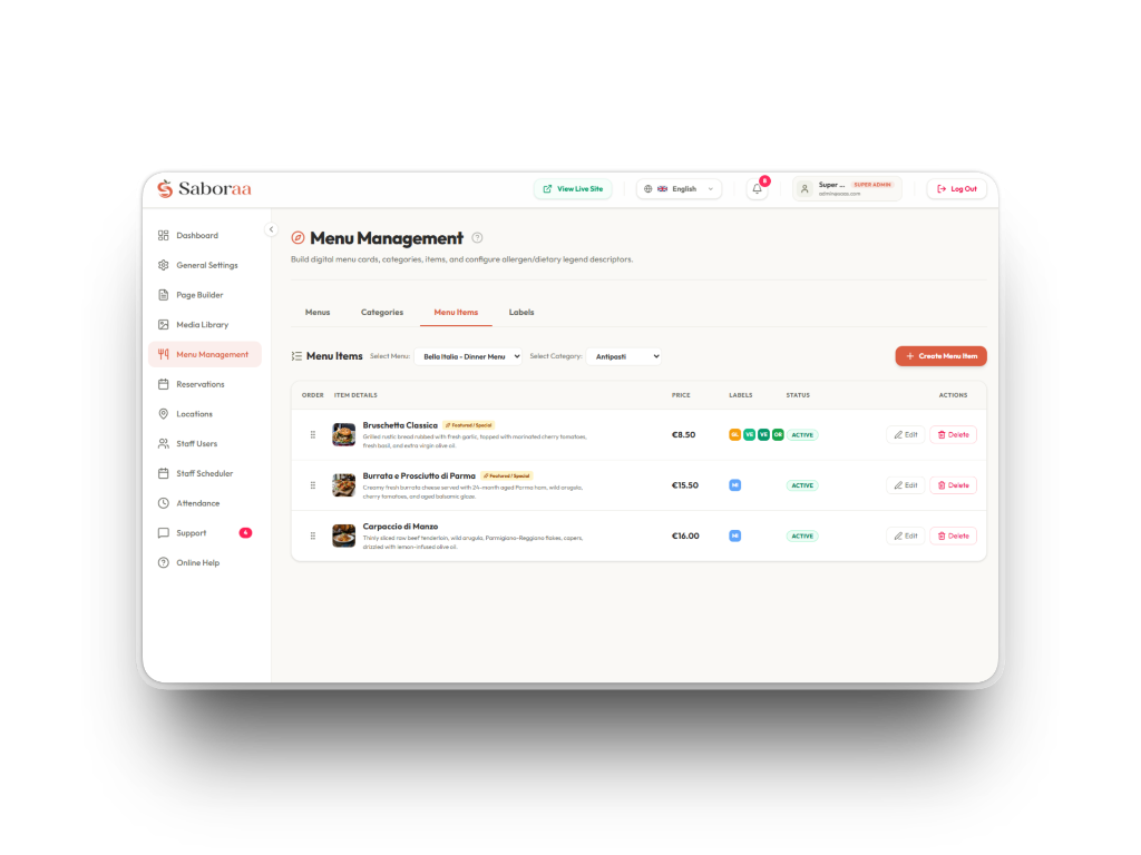 Restaurant menu details, categories, and pricing management