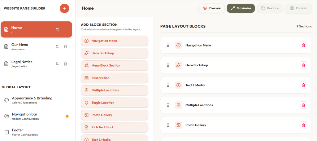 Section-based visual website page builder interface